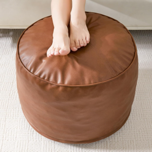 Round PU leather stuffed pouf ottoman filled with foam chunks, soft fluffy storage floor foot stool for living room